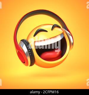 Musik-Emoji mit Kopfhörern auf gelbem Hintergrund isoliert, Emoticon mit Ohrhörer 3d-Rendering Stockfoto