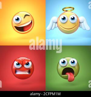 Verschiedene Emoticon auf bunten Hintergründen, Emojis Sammlung, 3d-Rendering Stockfoto