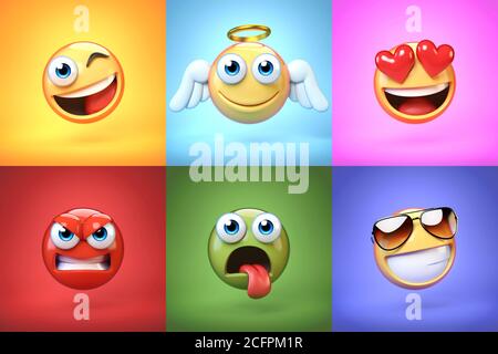 Verschiedene Emoticon auf bunten Hintergründen, Emojis Sammlung, 3d-Rendering Stockfoto
