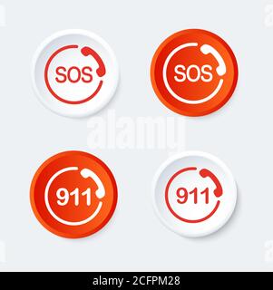 911 und SOS-Taste. Symbol für Notrufnummer. Runde Symbole. Stock Vektor