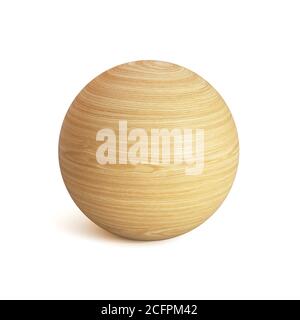 Holzkugel 3d Rendering, Kugelform aus Holz isoliert auf weißem Hintergrund Stockfoto