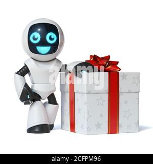 Kleiner Roboter mit der großen Geschenkbox 3d Rendering Stockfoto