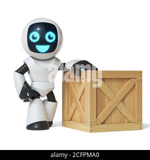 Kleiner Roboter steht neben Holzkiste 3d-Rendering Stockfoto