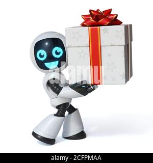 Kleiner Roboter hält die Geschenkbox 3d-Rendering Stockfoto