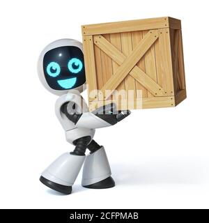 Kleiner Roboter bewegt die Holzkiste 3d-Rendering Stockfoto