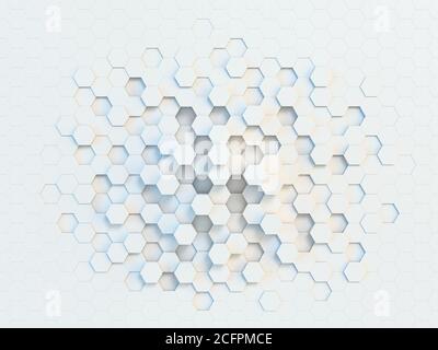Sechseckiger abstrakter 3d-Hintergrund, weiße Wand mit sechseckigem Muster 3d-Rendering Stockfoto