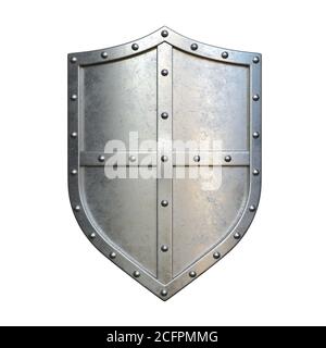 Mittelalterliches Stahlschild, metallisches Schild, isoliert auf weißem Hintergrund, 3d-Rendering Stockfoto