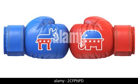 Demokraten gegen Republikaner. Zwei Boxhandschuhe gegeneinander in den Farben der Demokratischen und Republikanischen Partei, 3d-Rendering Stockfoto