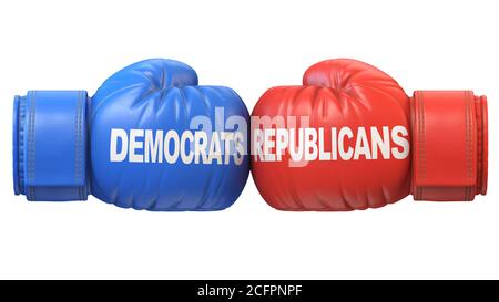 Demokraten gegen Republikaner. Zwei Boxhandschuhe gegeneinander in den Farben der Demokratischen und Republikanischen Partei, 3d-Rendering Stockfoto
