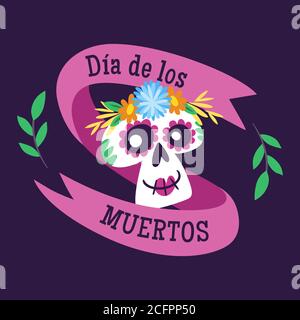 Tag der Toten (Día de Muertos) Etikett. Cartoon mexikanische weibliche Schädel und Textband. Niedliche Vektorgrafik. Stock Vektor