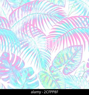 Aquarell abstrakt Sommer nahtlose Muster mit Pastellfarben tropischen Pflanzen. Aquarell handgezeichnete exotische Blätter Palmen, Monstera, Philodendron. Pr Stockfoto