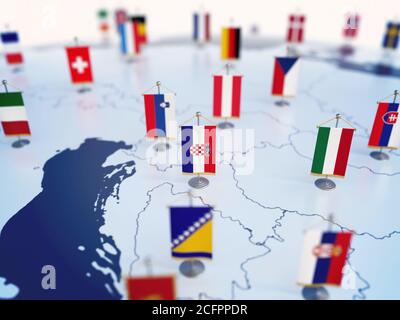 Flagge Kroatiens im Fokus unter anderen europäischen Ländern Flaggen. Europa markiert mit Tabelle Fahnen 3d-Rendering Stockfoto