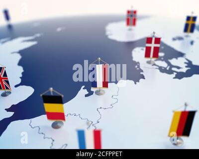 Flagge der Niederlande im Fokus unter anderen europäischen Ländern Flaggen. Europa markiert mit Tabelle Fahnen 3d-Rendering Stockfoto