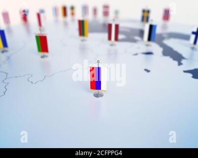 Flagge Russlands im Fokus unter anderen europäischen Ländern Flaggen. Europa markiert mit Tabelle Fahnen 3d-Rendering Stockfoto