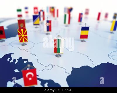 Flagge Bulgariens im Fokus unter anderen europäischen Ländern Flaggen. Europa markiert mit Tabelle Fahnen 3d-Rendering Stockfoto