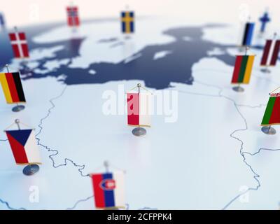 Flagge Polens im Fokus unter anderen europäischen Ländern Flaggen. Europa markiert mit Tabelle Fahnen 3d-Rendering Stockfoto