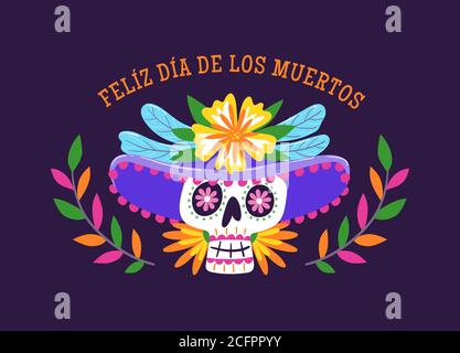 Tag der Toten (Día de Muertos) Etikett. Cartoon mexikanische Frau. Catrina mit Hut. Niedliche Vektorgrafik. Stock Vektor