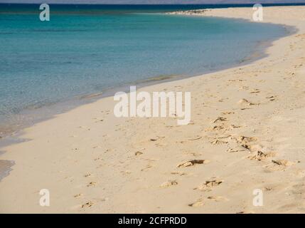 Nahaufnahme Blick über einen leeren tropischen Sandstrand an der Küste Der offene Ozean mit Horizont in der Ferne Stockfoto