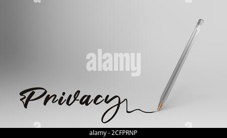 Privacy Wort mit Kalligraphie mit transparenten Kunststoff Kugelschreiber weißen Hintergrund geschrieben, bic, 3d-Illustration Rendern. Stockfoto