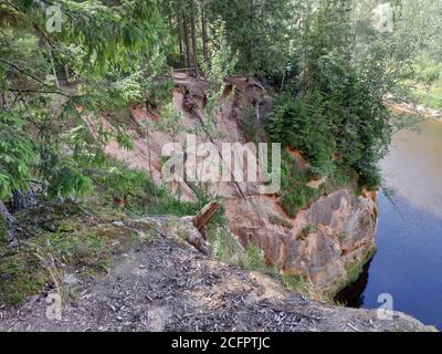 Sandsteinfelsen. Erglu Cliffs (Ērgļu klintis), am Ufer der Gauja. Gauja Nationalpark Stockfoto