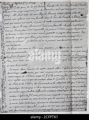 Testament von Ludwig XVI., Französisch Louis XVI.. Ludwig August von Frankreich, Herzog von Berry, Prinz Louis-Auguste de France, 23. August 1754 - 21. Januar 1793, König von Frankreich und Navarra, ab 25. Dezember 1792 Teil 2 / Testament von Ludwig XVI., französisch Ludwig XVI. Prinz Ludwig-August von Frankreich, Herzog von Berry, 23. 1754. Bis 21. August. Januar 1793, König von Frankreich und Navarra, vom 25. Dezember 1792, Teil 2, Historisch, historisch, digital verbesserte Reproduktion eines Originals aus dem 19. Jahrhundert / digitale Reproduktion einer Originalvorlage aus dem 19ten Jahrhundert. Jahrhundert, Stockfoto