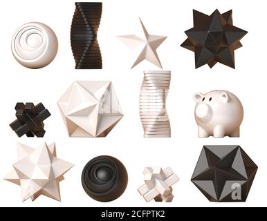 Dekor Figuren, geometrische und abstrakte Form Dekoration Set, minimalistische Skulpturen Sammlung, 3d-Rendering Stockfoto