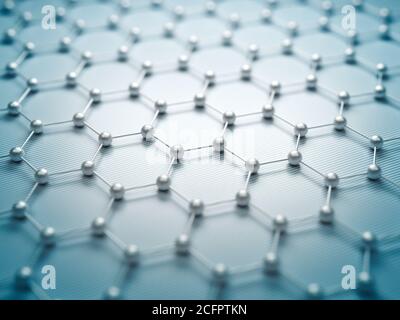 Graphene molekulares Gitter, Graphene atomare Struktur Konzept, sechseckige geometrische Form, Nanotechnologie Hintergrund 3d-Rendering Stockfoto