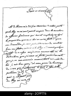 Brief des Herzogs Louis-Philippe I., 6. Oktober 1773 - 26. August 1850, in der sogenannten Juli-Monarchie 1830-1848 französischer König, vom 15. April 1791 / Brief des Herzog Louis-Philippe I., 6. Oktober 1773 - 26. August 1850, in der sogenannten Julimonarchie von 1830 bis 1848 französischer König, vom 15. April 1791, Historisch, historisch, digital verbesserte Reproduktion eines Originals aus dem 19. Jahrhundert / digitale Reproduktion einer Originalvorlage aus dem 19. Jahrhundert, Stockfoto