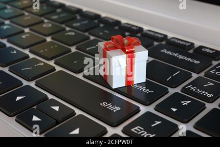 Geschenkbox 3d-Symbol auf Laptop-Tastatur, 3d-Rendering Stockfoto