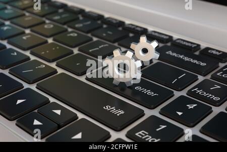 Anpassungen, Optionen, Präferenzen, Einstellungen 3d-Symbol, Zahnräder auf Laptop-Tastatur 3d-Rendering Stockfoto