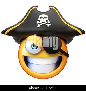 Pirate Emoji isoliert auf weißem Hintergrund, Emoticon mit dem Piratenhut und dem Augenpatch 3d-Rendering Stockfoto