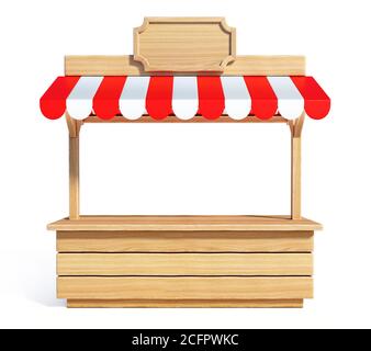 Marktstand mit gestreifter rot-weißer Markise, Holztheke, Kiosk, Stand, 3d-Rendering Stockfoto