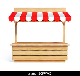 Marktstand mit gestreifter rot-weißer Markise, Holztheke, Kiosk, Stand, 3d-Rendering Stockfoto