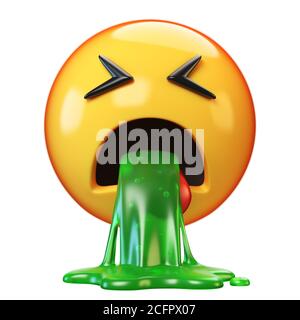 Puking Emoji isoliert auf weißem Hintergrund, angewidert oder krank Emoticon, Erbrechen Emoji 3d-Rendering Stockfoto