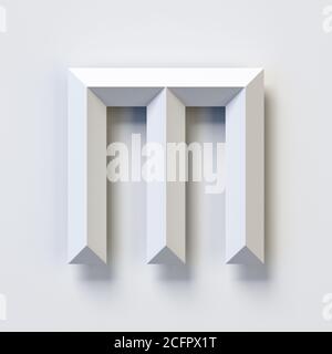 Quadratische dreidimensionale Schrift, weiß, einfach, geometrisch, werfen Schatten auf der Hintergrundwand, 3d-Rendering, Buchstabe M Stockfoto