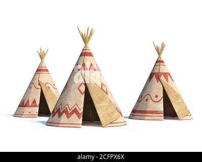 Nordamerikas indische Zelte isoliert auf weißem Hintergrund, Tipi Dorf, 3d-Rendering Stockfoto