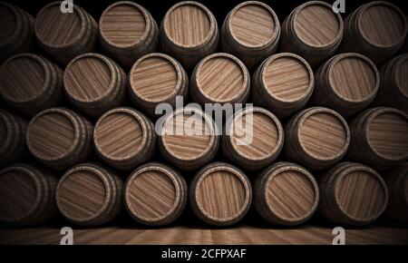 Holzfässer im Hintergrund gestapelt, 3d-Rendering Stockfoto