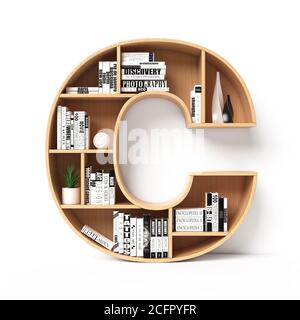 Bücherregale 3d Schriftart. Alphabet in Form von Bücherregalen. Modellfont, 3d-Rendering. Buchstabe C Stockfoto