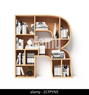 Bücherregale 3d Schriftart. Alphabet in Form von Bücherregalen. Modellfont, 3d-Rendering. Buchstabe R Stockfoto