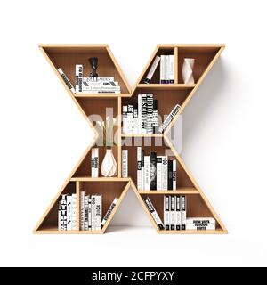 Bücherregale 3d Schriftart. Alphabet in Form von Bücherregalen. Modellfont, 3d-Rendering. Buchstabe X Stockfoto