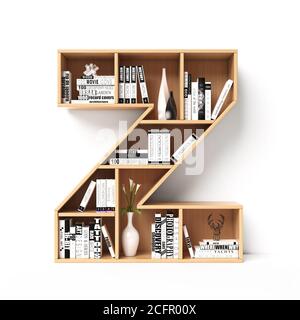Bücherregale 3d Schriftart. Alphabet in Form von Bücherregalen. Modellfont, 3d-Rendering. Buchstabe Z Stockfoto