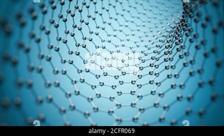 Graphene molekulares Gitter, Graphene Röhrenstruktur Konzept, sechseckige geometrische Form, Nanotechnologie Hintergrund 3d-Rendering Stockfoto