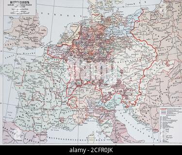 Karte von Mitteleuropa nach dem Westfälischen Frieden von 1648 / Landkarte von Mitteleuropa nach dem westlichen Frieden vom Jahre 1648, Historisch, historisch, digital verbesserte Reproduktion eines Originals aus dem 19. Jahrhundert / digitale Reproduktion einer Originalvorlage aus dem 19ten Jahrhundert. Jahrhundert, Stockfoto