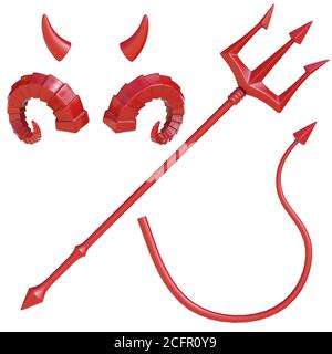 Devil's Trident, Schwanz und Hörner Design-Elemente, Teufel Kostüm 3d-Rendering Stockfoto