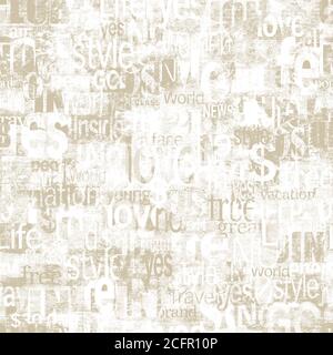 Abstrakte Grunge städtischen geometrischen Wörter, Buchstaben nahtlose Muster. Alte Zeitung, Zeitschrift texturierten Papier Hintergrund. Helle beige Collage wiederholen tex Stockfoto
