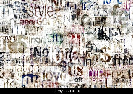 Abstrakte Grunge städtischen geometrischen chaotischen Muster mit Worten, Buchstaben. Alt gealterte Zeitung, Magazin Texture Papier Hintergrund. Beige bunt Hell hori Stockfoto