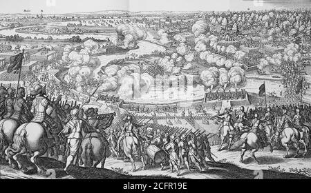 Die Schlacht von Regen von 14-15. April 1632 war eine große Schlacht des Dreißigjährigen Krieges in Rain / die Schlacht bei Rain am Lech vom 14./15. April 1632 war eine bedeutende Schlacht des dreißigjährigen Krieges bei Rain, Deutschland, Historisch, historisch, digital verbesserte Reproduktion eines Originals aus dem 19. Jahrhundert / digitale Reproduktion einer Originalvorlage aus dem 19ten Jahrhundert. Jahrhundert, Stockfoto