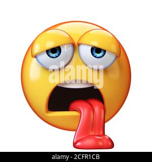 Erschöpfte Emoji isoliert auf weißem Hintergrund, müde Emoticon 3d-Rendering Stockfoto