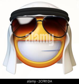 Coole arabische Emoji isoliert auf weißem Hintergrund, lächelnd arabischen Emoticon mit Sonnenbrille 3d-Rendering Stockfoto