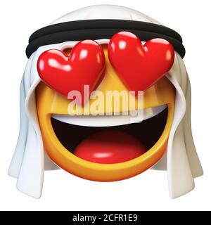 Verliebt in arabische Emoji isoliert auf weißem Hintergrund, herzförmige Augen arabischen Emoticon 3d-Rendering Stockfoto